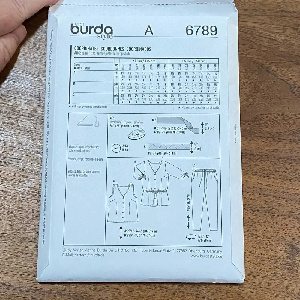 Burda sewing pattern #6789 casual top & pants UNCUT size US 16-28